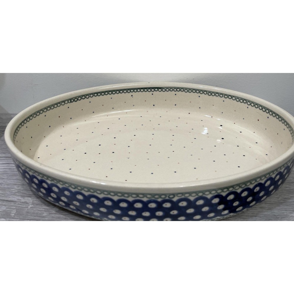 Bolesławiec Polish Pottery Peacock & Polka Dot Large Oval Baker 14 Inches